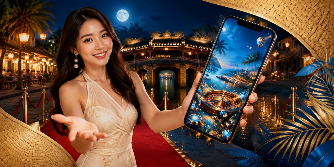 Người chơi sử dụng điện thoại tham gia casino trực tuyến tại Hội An với nón lá truyền thống