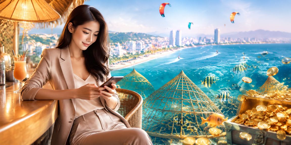 Người phụ nữ đội nón lá chơi casino trên điện thoại tại Mũi Né